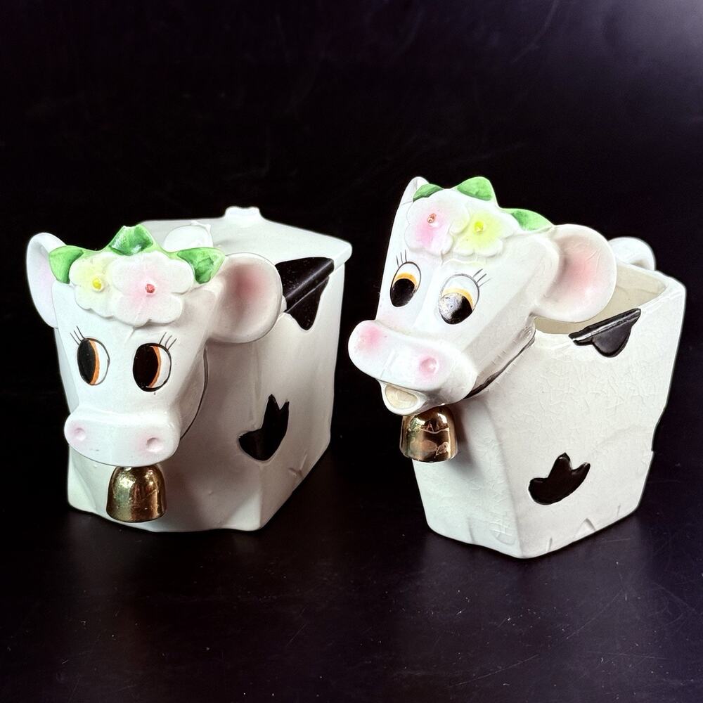 Rare Vintage LEFTON COW Creamer & Sugar Bowl #2662 Black Spots Kitschy Farm